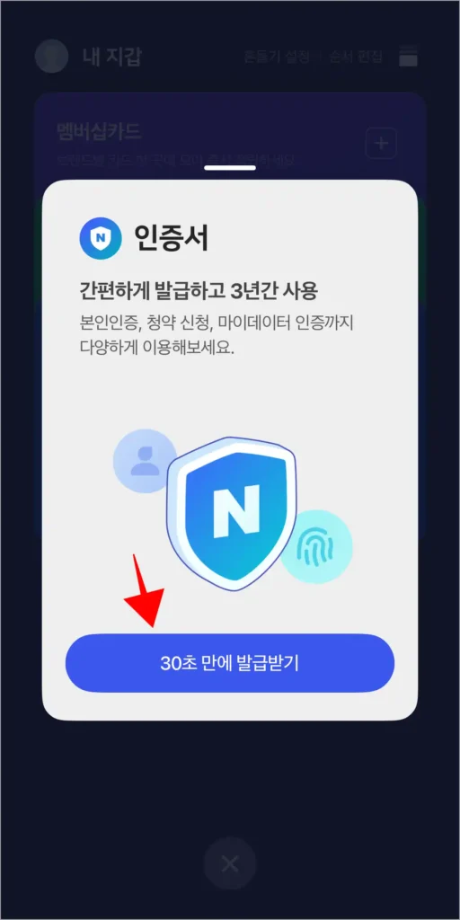인증서 안내를 확인하고, '30초 만에 발급받기'를 선택