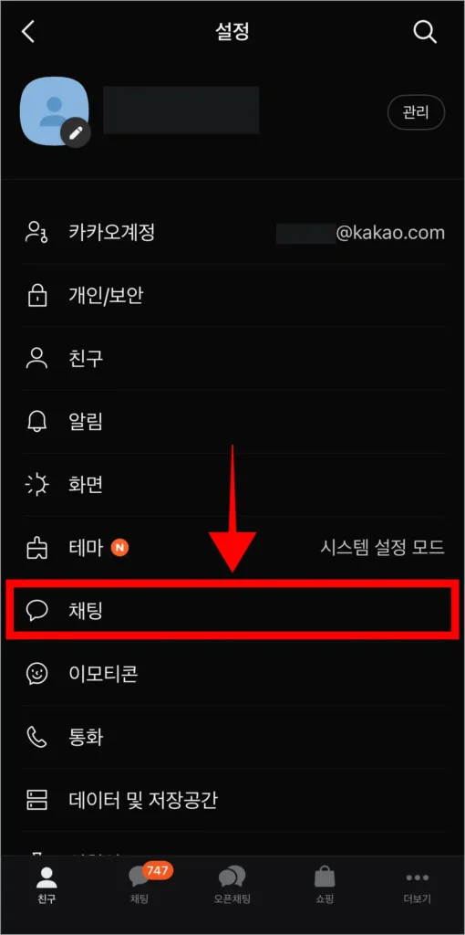 설정에서 '채팅'을 선택